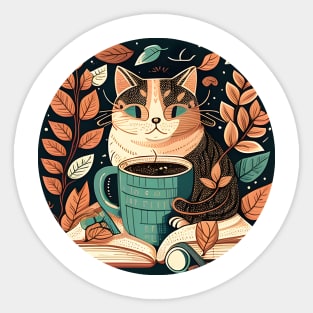 Cool Cat Coffee Reading Book, Catpuccino - Cat Lover Sticker